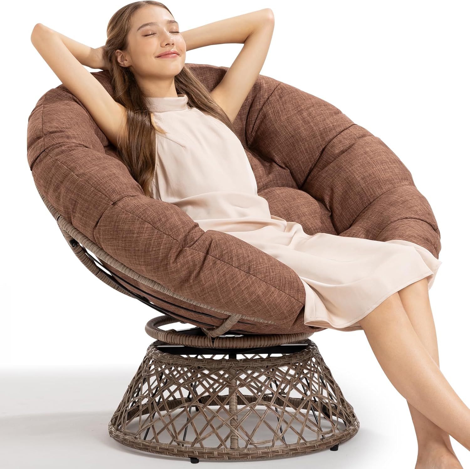 Bme 40" Ergonomic Wicker Papasan Chair with Soft Thick Cushion & Frame, 360° Swivel, Circle, Reading, Comfy Chair for Living Room, Bedroom