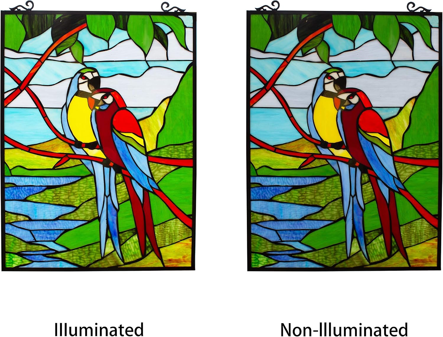 Chloe Lighting Macaw Love-Birds Tiffany-Style Animal 24" Height Stained Glass Window Panel, Multi-Colored