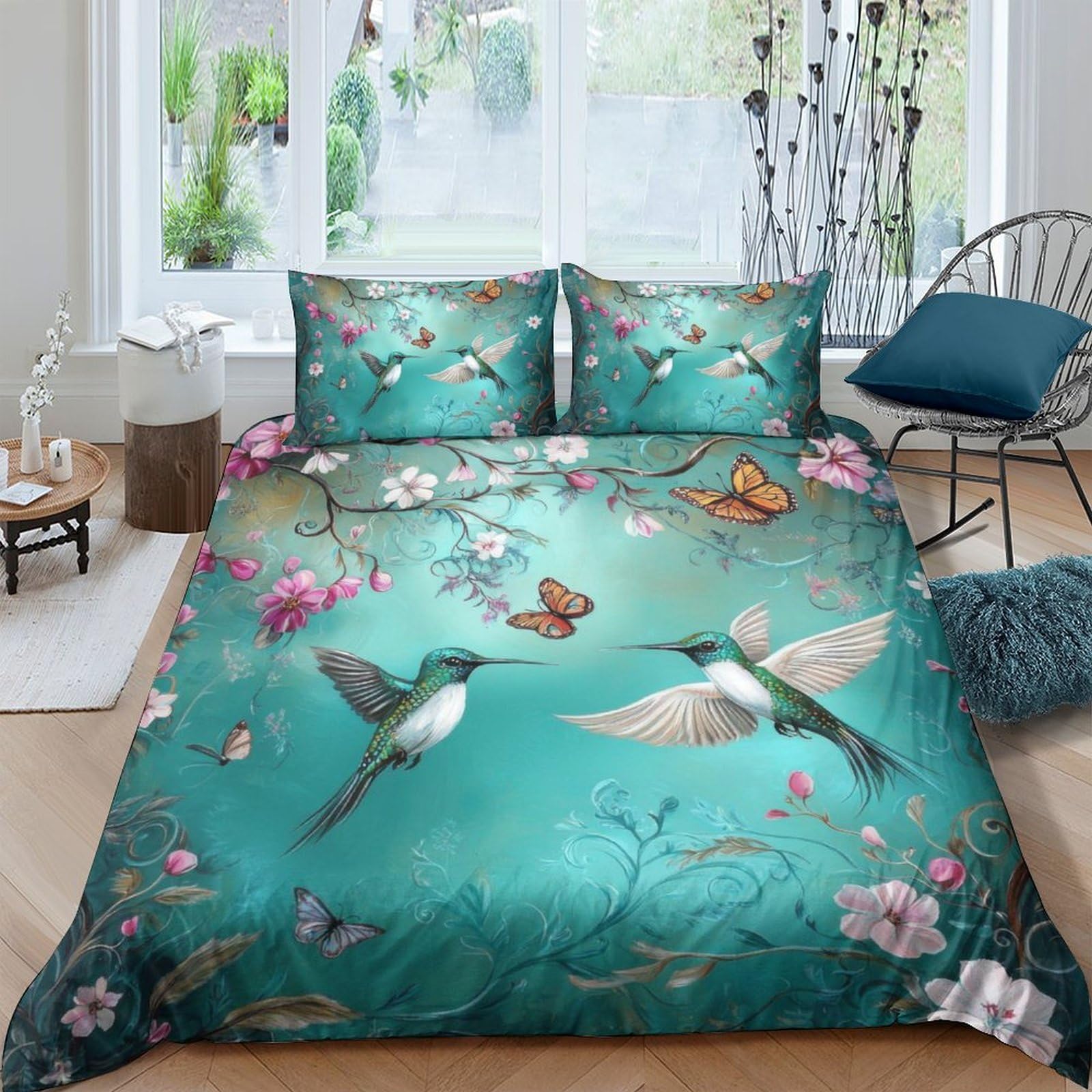 Ctjqhvkz Style-5 3D Printed Hummingbird Flowers Fitted Sheet Microfiber Soft Green Butterfly Bed Cover For Bedroom Guest Room Decor Single（135X200cm）