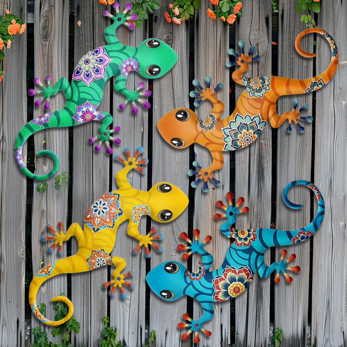 Liosecgar 4 Pcs Metal Gecko Outdoor Decorations - Metal Lizards Wall Art Hanging Sculpture Decoration for Garden Yard Fence Porch Exterior Wall Decor