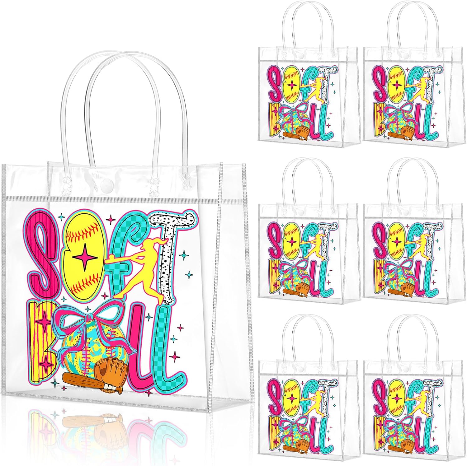 20 Pcs Coquette Softball Goodie Bags with Handles Bow Glitter Preppy Reusable Sports Treat Bags for Candy Birthday Party Supplies 8 x 8 x 3.15''(Softball)