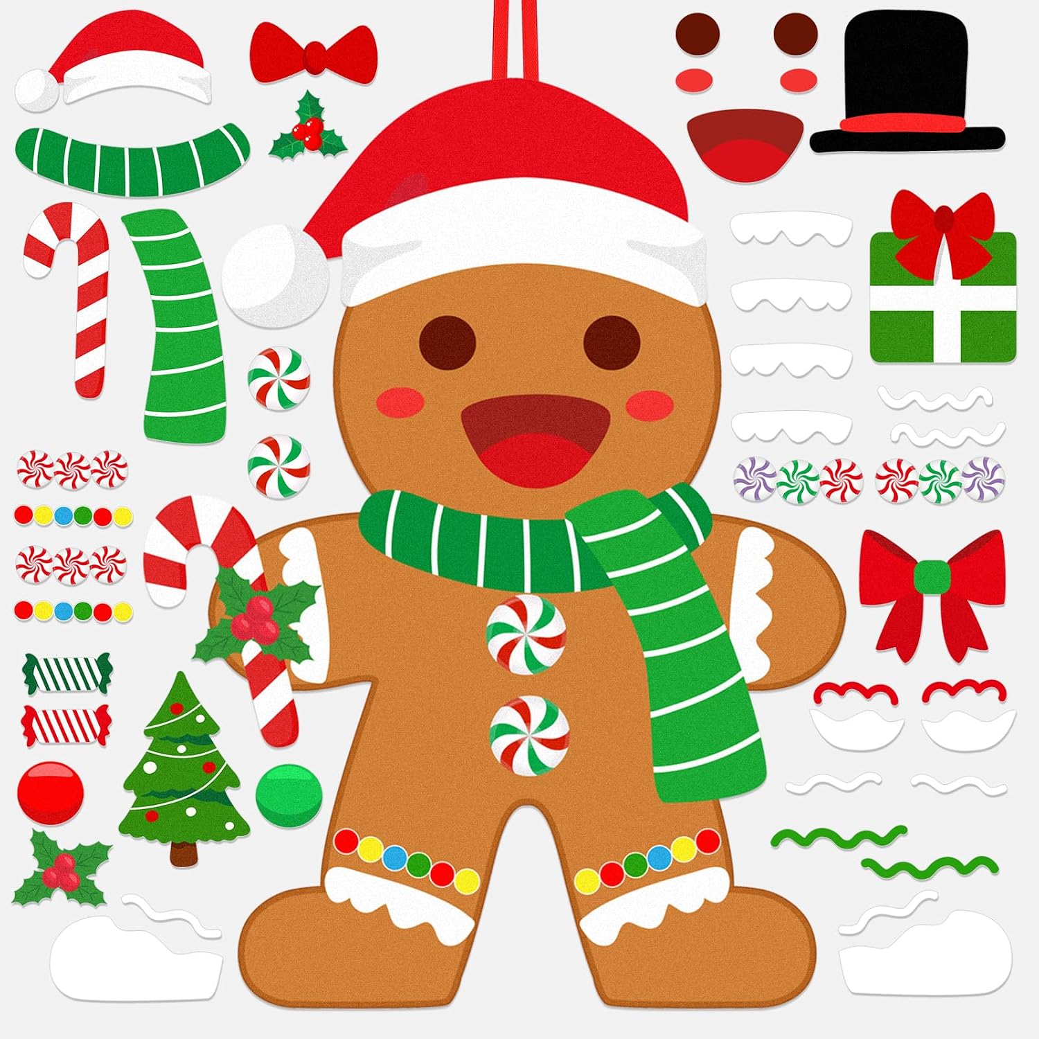 WovWeave 2.7ft DIY Felt Christmas Gingerbread Man Set with 46 Ornaments Gingerbread Felt Kit Christmas Games Crafts Kit Wall Hanging Decorations for Xmas Gifts Winter Holiday Party Favors Supplies