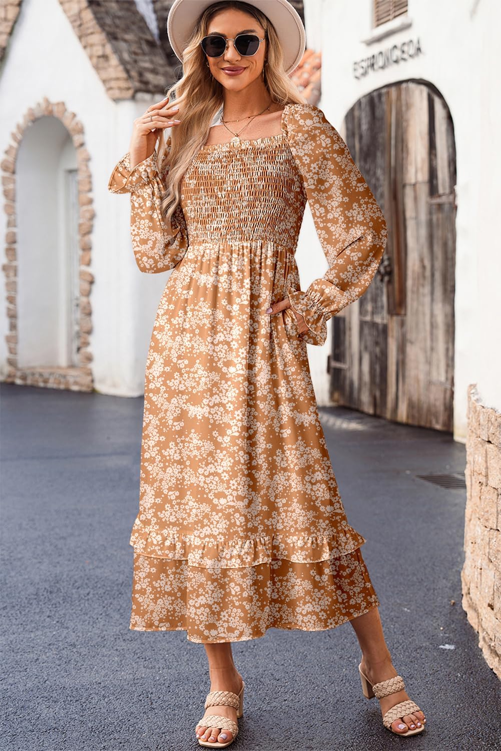 Dokotoo Boho Dresses for Women 2025 Casual Floral Square Neck Long Sleeve Smocked Elastic Waist Tiered Ruffle Hem Maxi Dress - Image 4