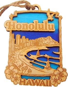 Honolulu Hawaii Ornament Wooden Hawaiian Christmas Tree Decoration with Waikiki Beach Design Handmade in The USA