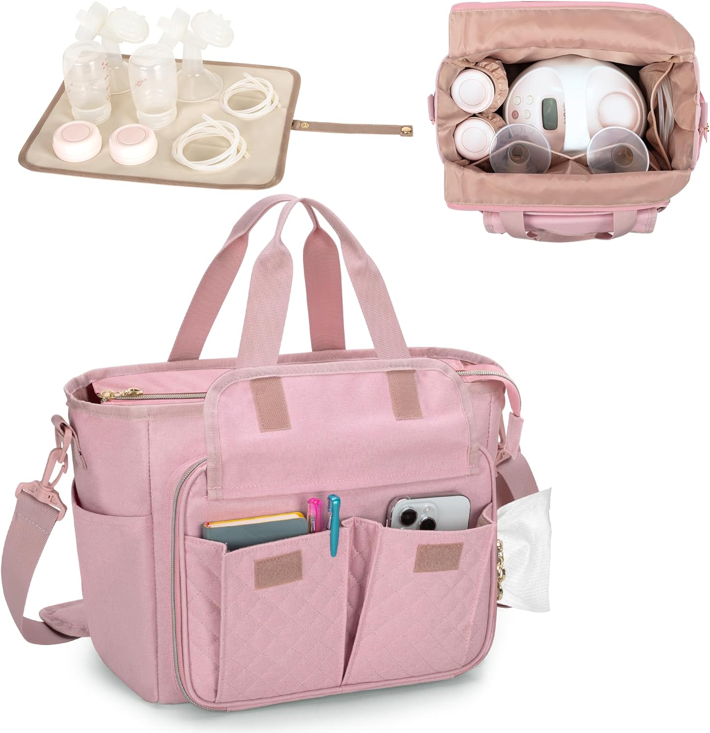 LUXJA Breast Pump Bag Compatible with Spectra S1 and S2 (with a Waterproof Mat), Pumping Bag for Breast Pump and Extra Parts, Pink