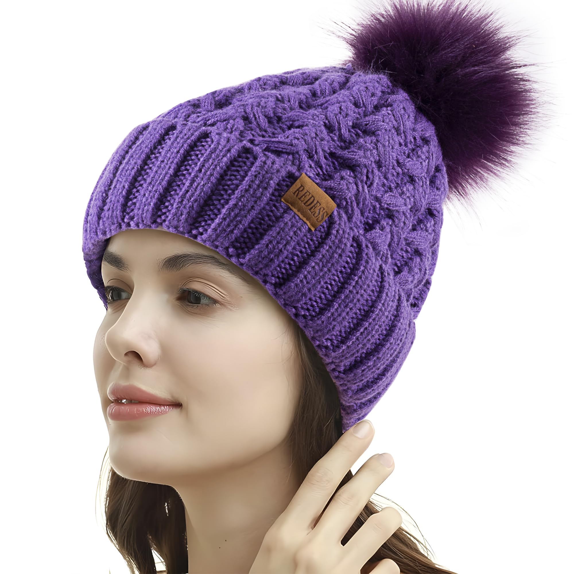 REDESS Cappello Invernale da Donna con Pompon con Pompon Cappelli Caldi Foderati in Pile, Berretto Incrociato in Maglia di Neve Spessa e Morbida per Le Signore