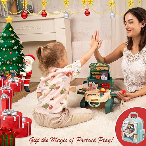 Miniatura 5 de GARYCARE Mochila de compras 3 en 1  29 piezas de tienda de comestibles juego de simulación  Juguete de juego de simulación para niños con balanza de