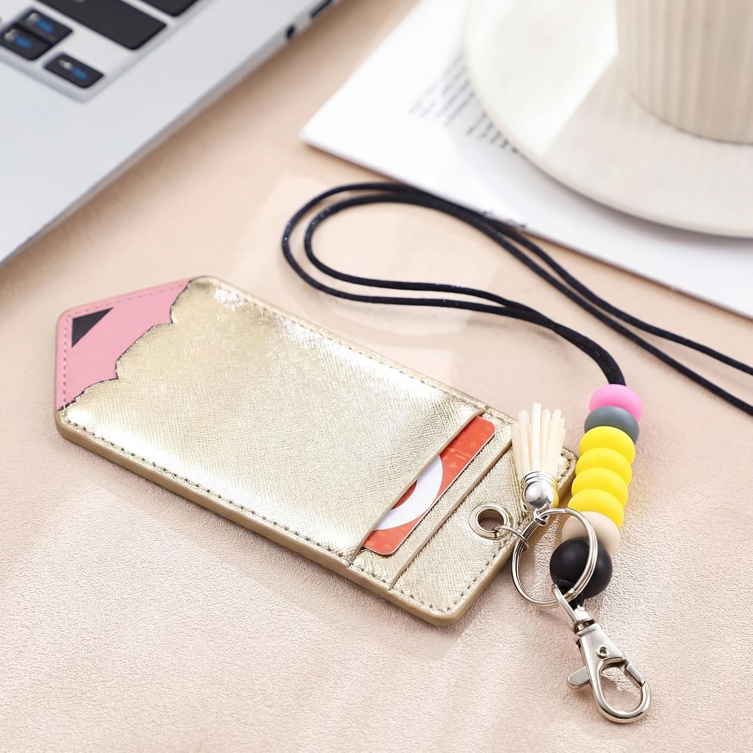 Feifeiya 12 Pcs Pencil Teacher Lanyards for ID Badges and Keys Pencil ID Badge Holder with Breakaway Lanyard Silicone Bead Lanyards Cute Teacher Badge Holder for Office Gifts (Gold)