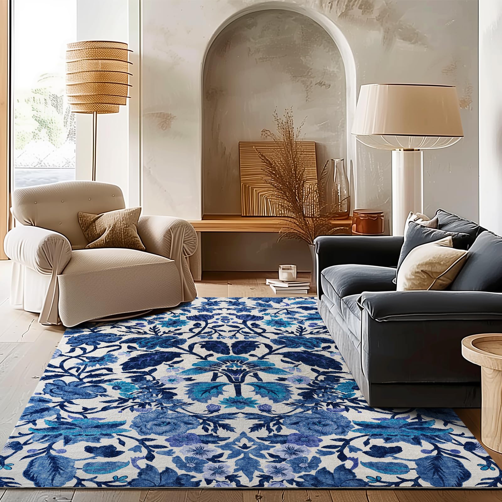 Photo 1 of [Different Color in live photo, also dirty needs cleaning] EVERGRACE Area Rugs for Living Room 6x9, Boho Floral Faux Wool Indoor Outdoor Rugs, Washable Rugs for Bedroom Dining Room Entryway Kitchen, Low Pile Floor Mat Carpet for Home Decor, Gray