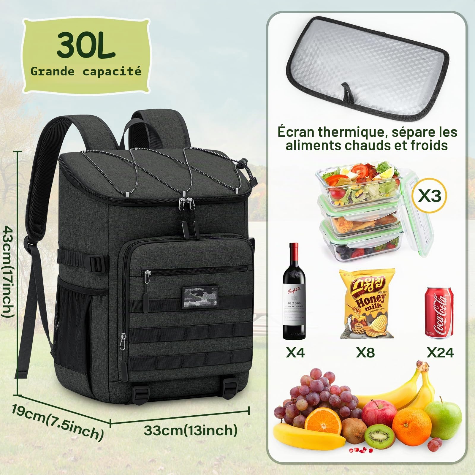 NEWHEY Sac à Dos Isotherme 30L Imperméable Étanche Grande Capacité Léger pour Sac de Pique-Nique à Glacière Portable Travail en Extérieur Camping Plage Randonnée
