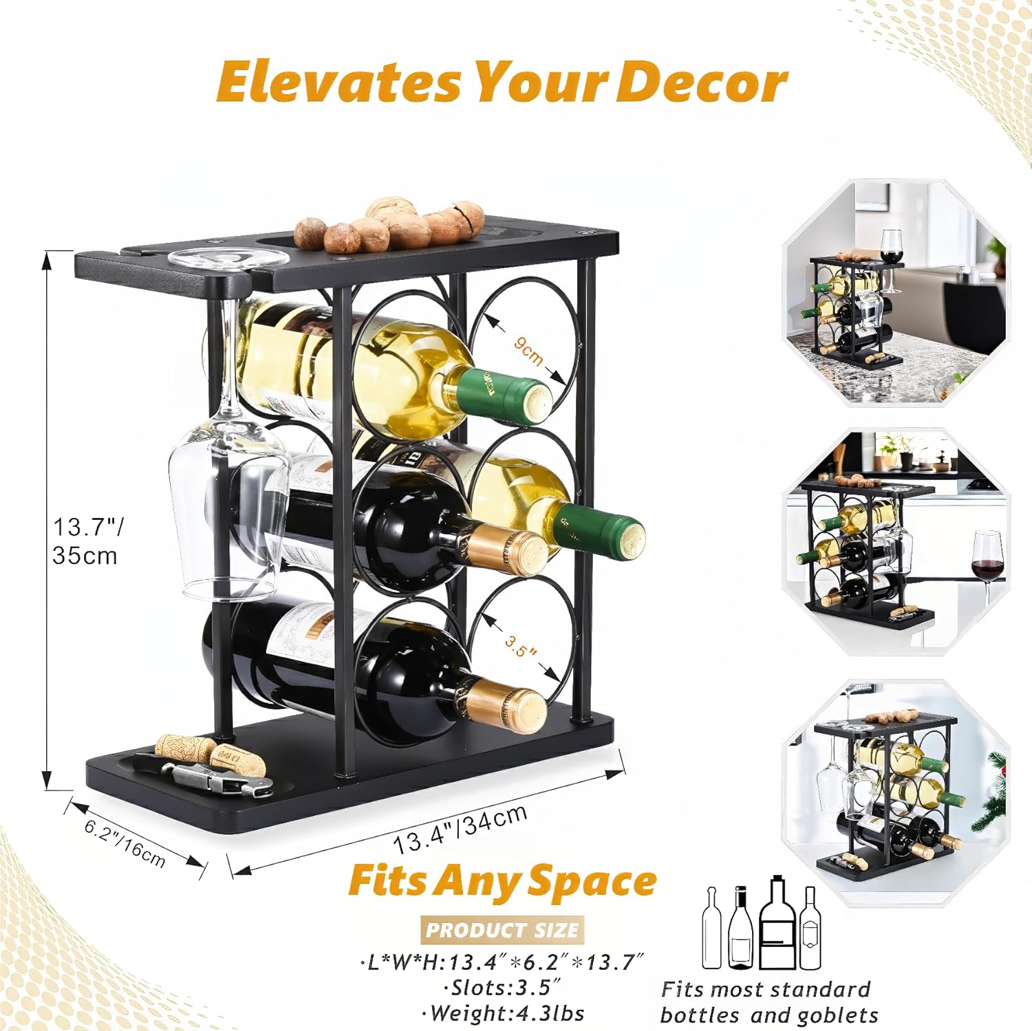 ALLCENER Modern Wine Rack Countertop, Matte Black 6 Bottle Wine Rack with Glass Holder, Metal Wine Holder Stand with Shelf & Corkscrew Tray for Home Bar & Kitchen