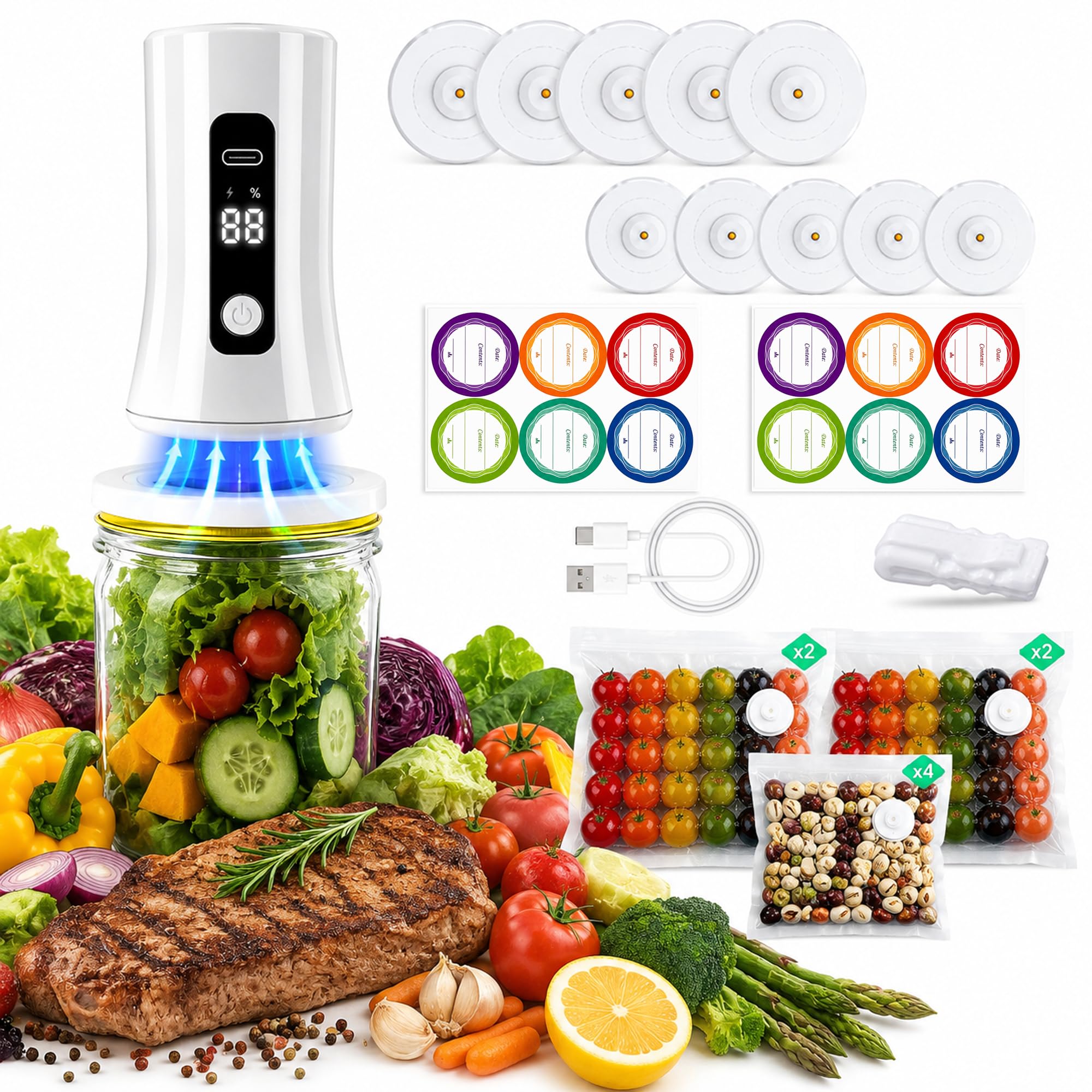 Sellador al vacío para vasos y bolsas, sellador al vacío eléctrico con 10 tapas de silicona de 65-100 mm + 8 bolsas de vacío reutilizables, indicador de batería LED, juego de bolsas de vacío