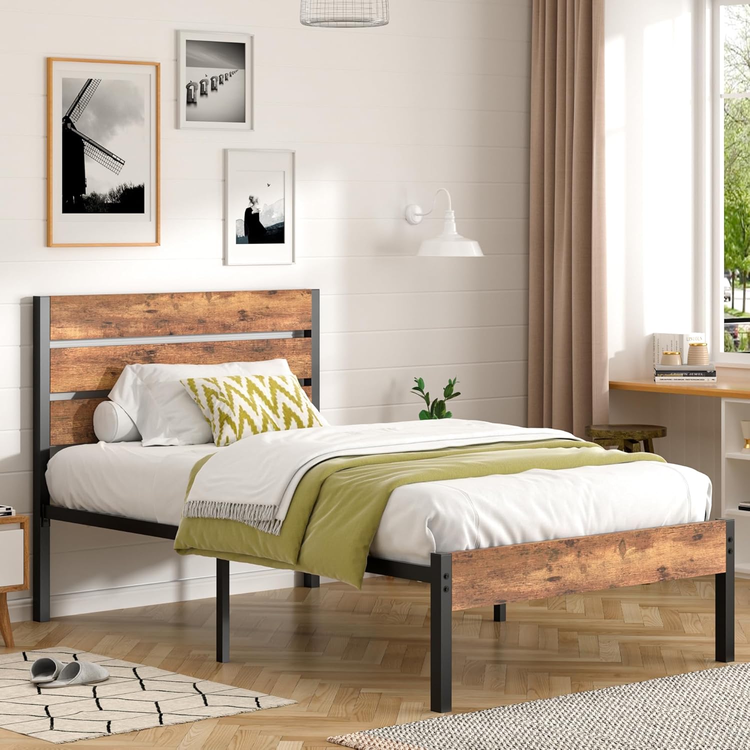 VECELO Twin Bed Frame with Wooden Headboard and Footboard, Heavy-Duty Platform Frames with Metal Slats Support System, 12 inch Under-Bed Storage, No Box Spring Needed, Rustic Brown