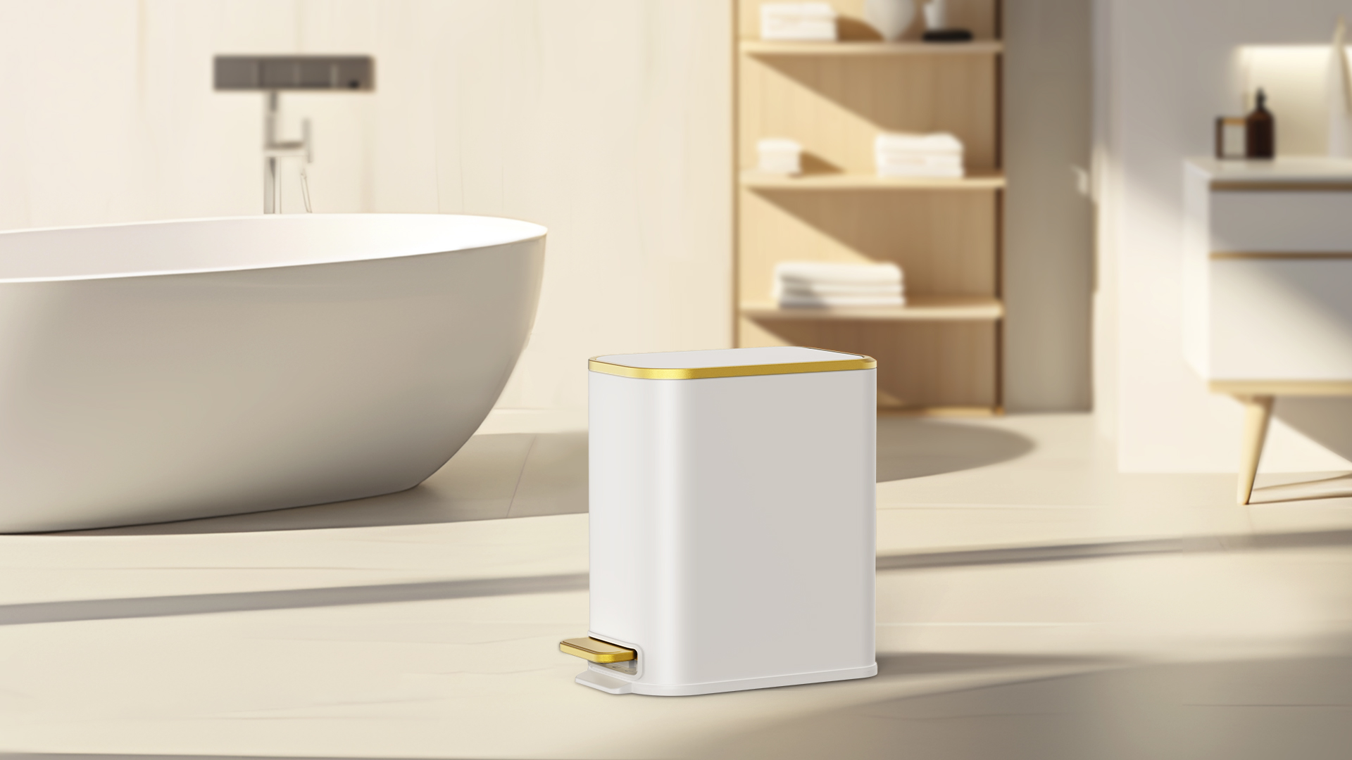 Image of Cesun Small Bathroom Trash Can with Lid Soft Close, 5 Liter /1.3 Gallon Stainless Steel Garbage Can with Removable Inner Bucket, Step Pedal, Slim Waste Basket for Toilet, Office, Bedroom (White&Gold)