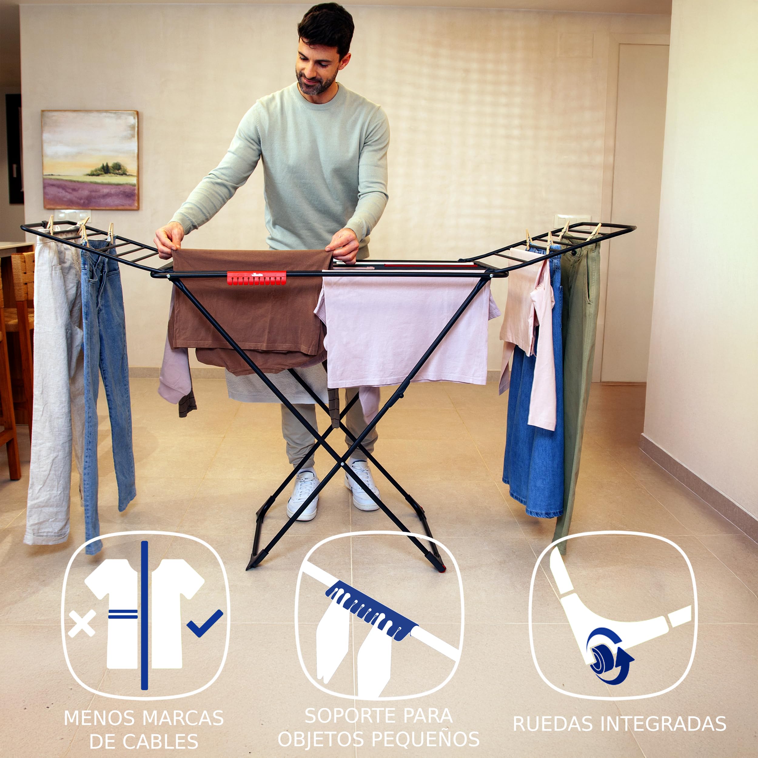 Vileda Tendedero Ultimate Extra de Aluminio con Patas en X (Black Edition) | Tubos 5 Veces más Resistentes | Tubos XL para Menos Marcas en Ropa | 20M para Secado | Soporte Calcetines