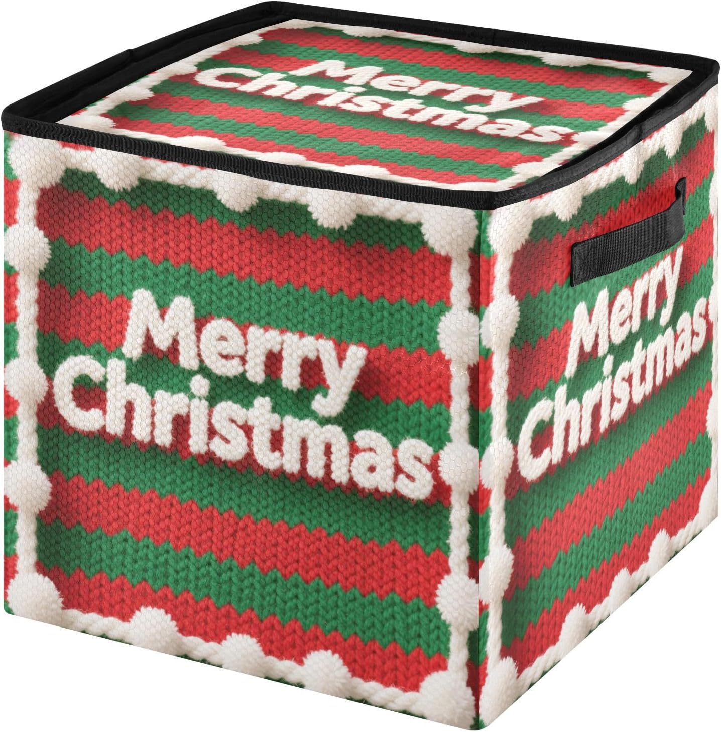 High Capacity Christmas ornament storage containers Holds Up to 64, Adjustable Dividers, Zippered Top, Two Handles stackable Holiday Storage Case with Lid,Knit Pattern Merry Christmas Text