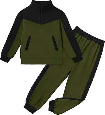 Boys Clothes Solid Color Block Kid Boys' Clothing Sets Stand Collar Half-Zip Sweatsuit 2pcs Outfits with Pocket 6-12y