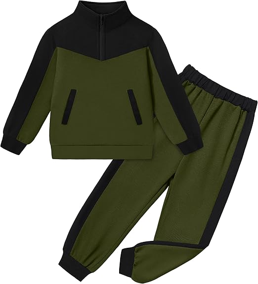 Boys Clothes Solid Color Block Kid Boys' Clothing Sets Stand Collar Half-Zip Sweatsuit 2pcs Outfits with Pocket 6-12y