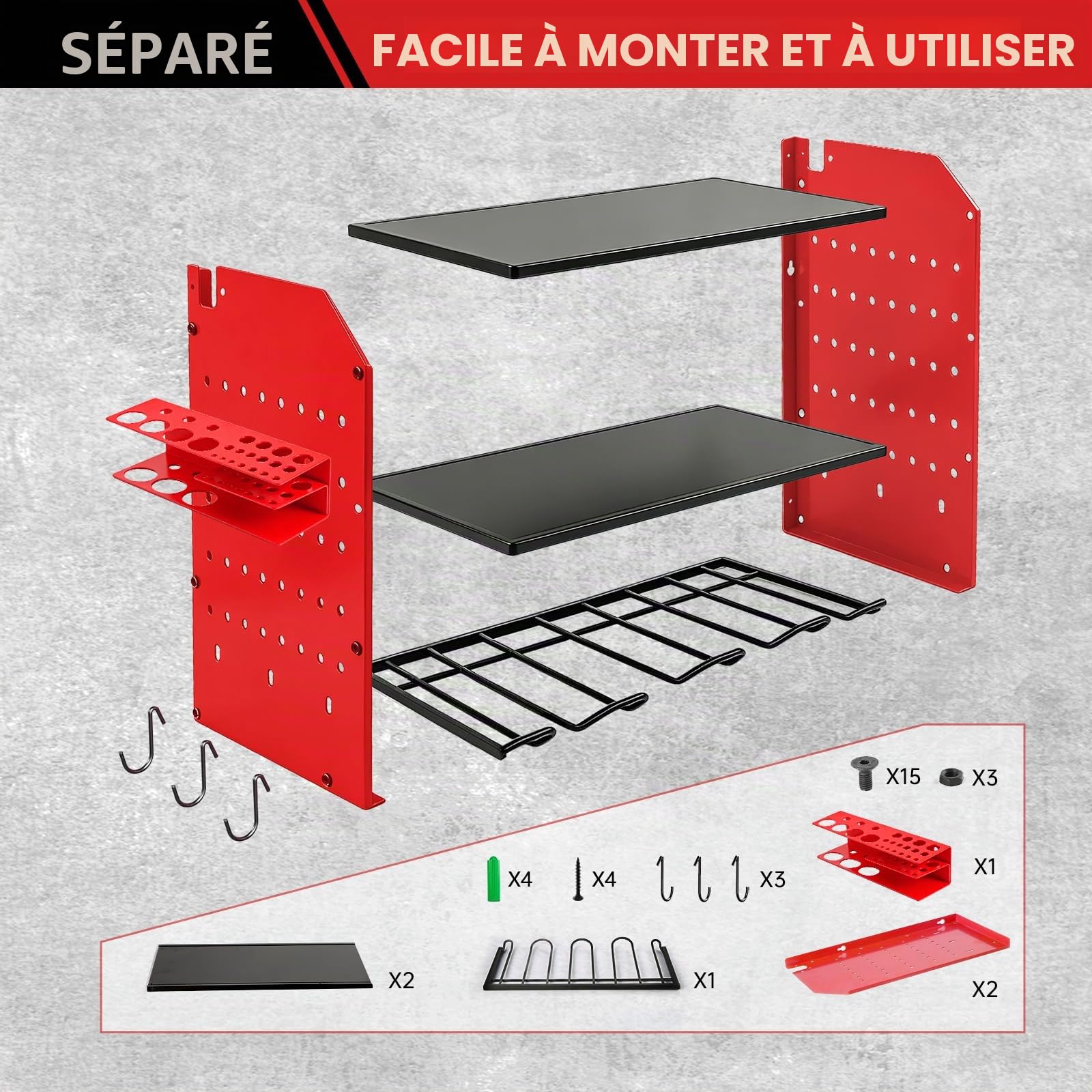 Support mural à 4 niveaux, rangement pour 4 outils électriques, perceuse à percussion, porte-outils pour garage et atelier, rouge