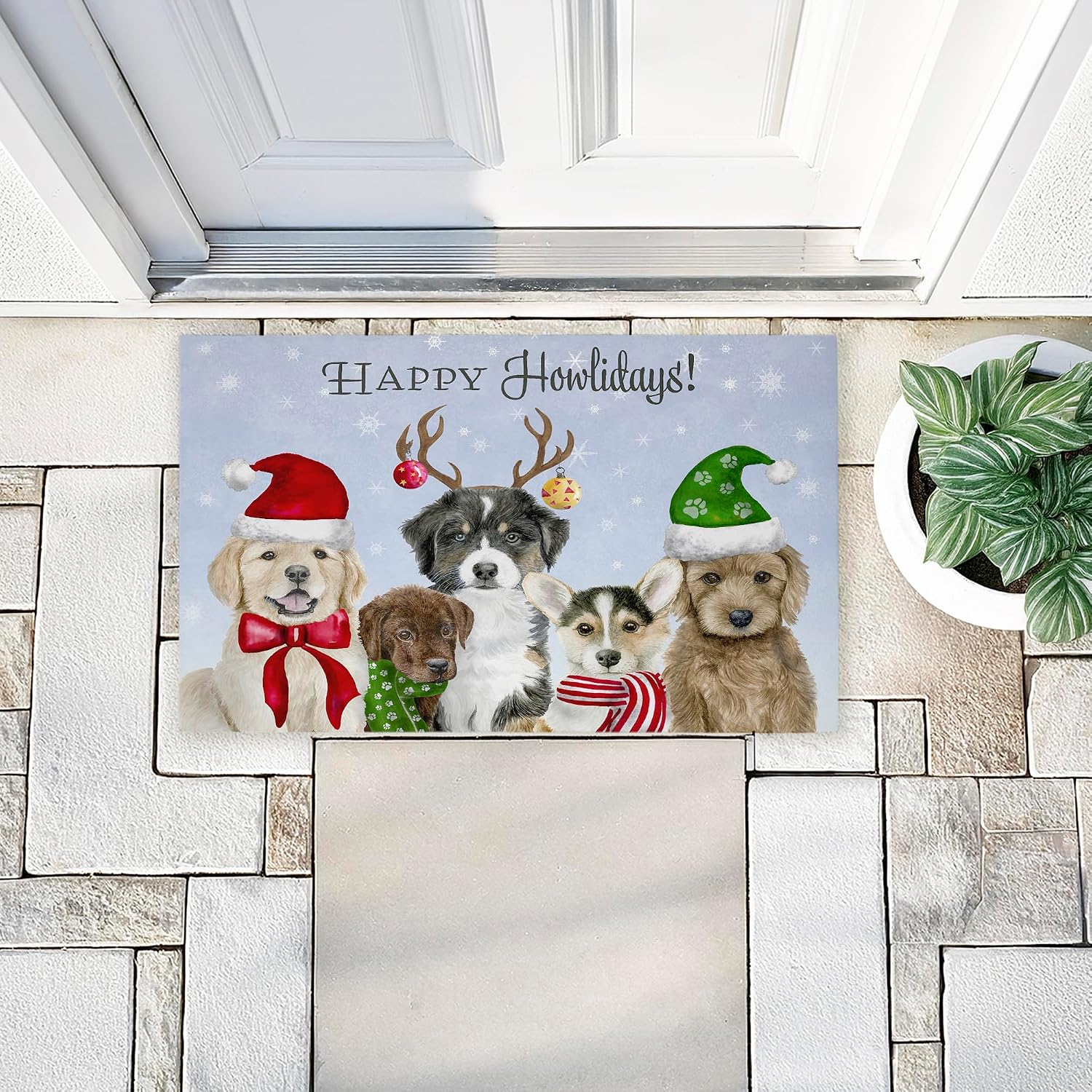 Stupell Industries Happy Howlidays Puppies Outdoor Door Mat, Durable Non-Slip Mat with Recycled Rubber Backing, Weather-Resistant Christmas Puppy Design by Brett Blumenthal, 18"x30"
