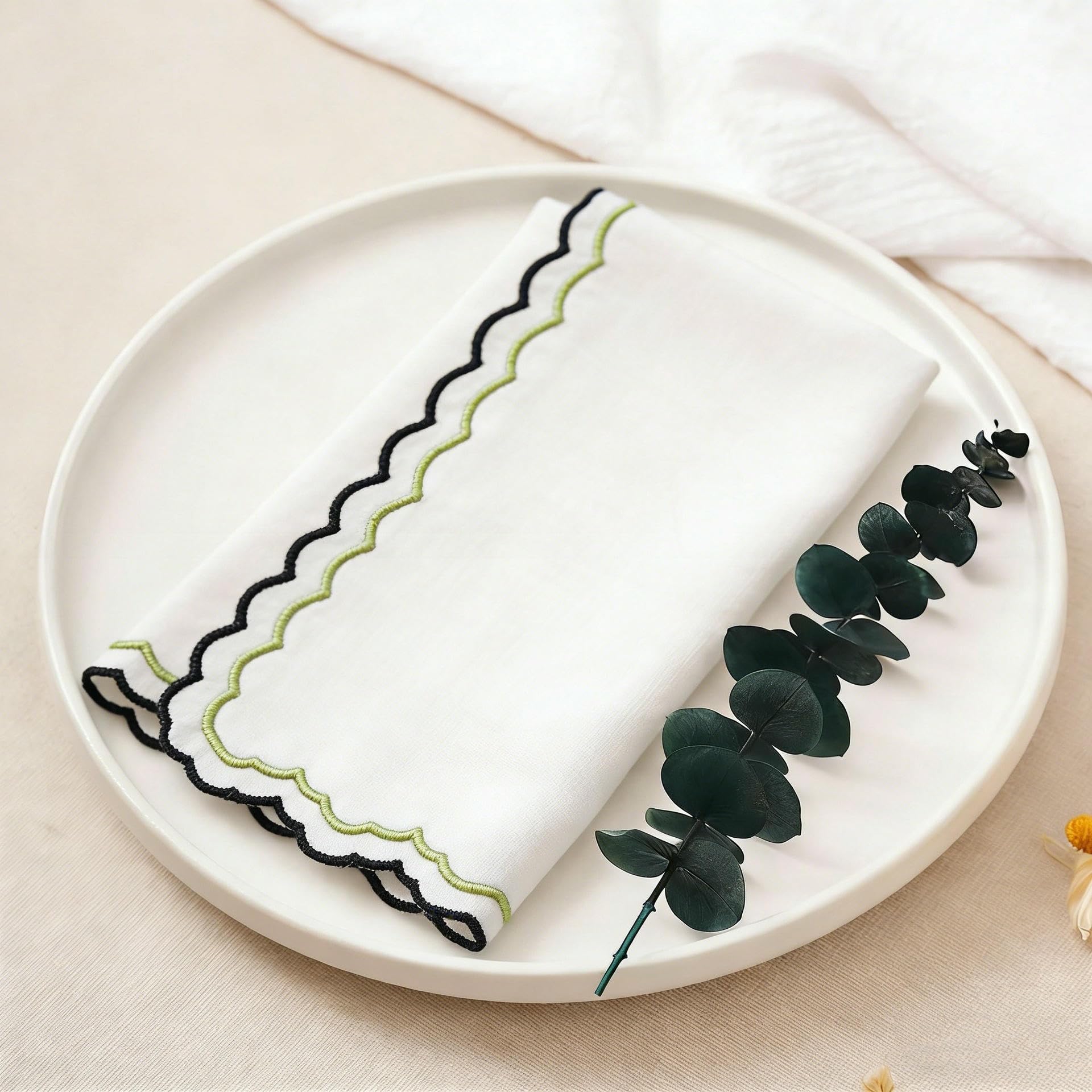 Serviette De Table en Tissu Lot de 12 Serviettes De Table en Coton Et Lin avec Bordure en Dentelle Ondulée Brodée 38 X 38 cm Isolantes Thermiques Gris Et Vert pour Mariage Et Réception