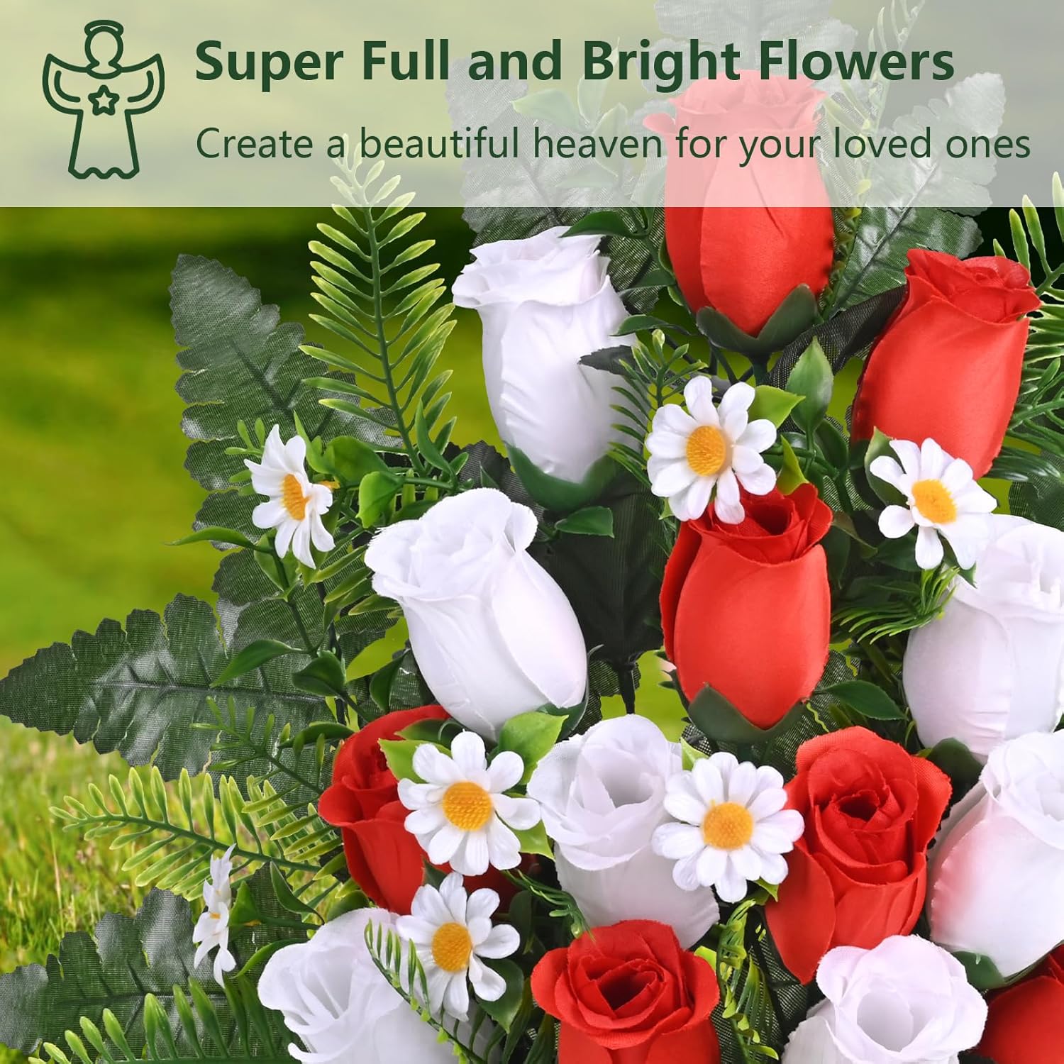 Dolicer 2 Sets Artificial Cemetery Flowers for Grave, Realistic Grave Flowers Memorial Flower UV Resistant Silk Rose Flower with Vase for Cemetery Decorations (Red, White)
