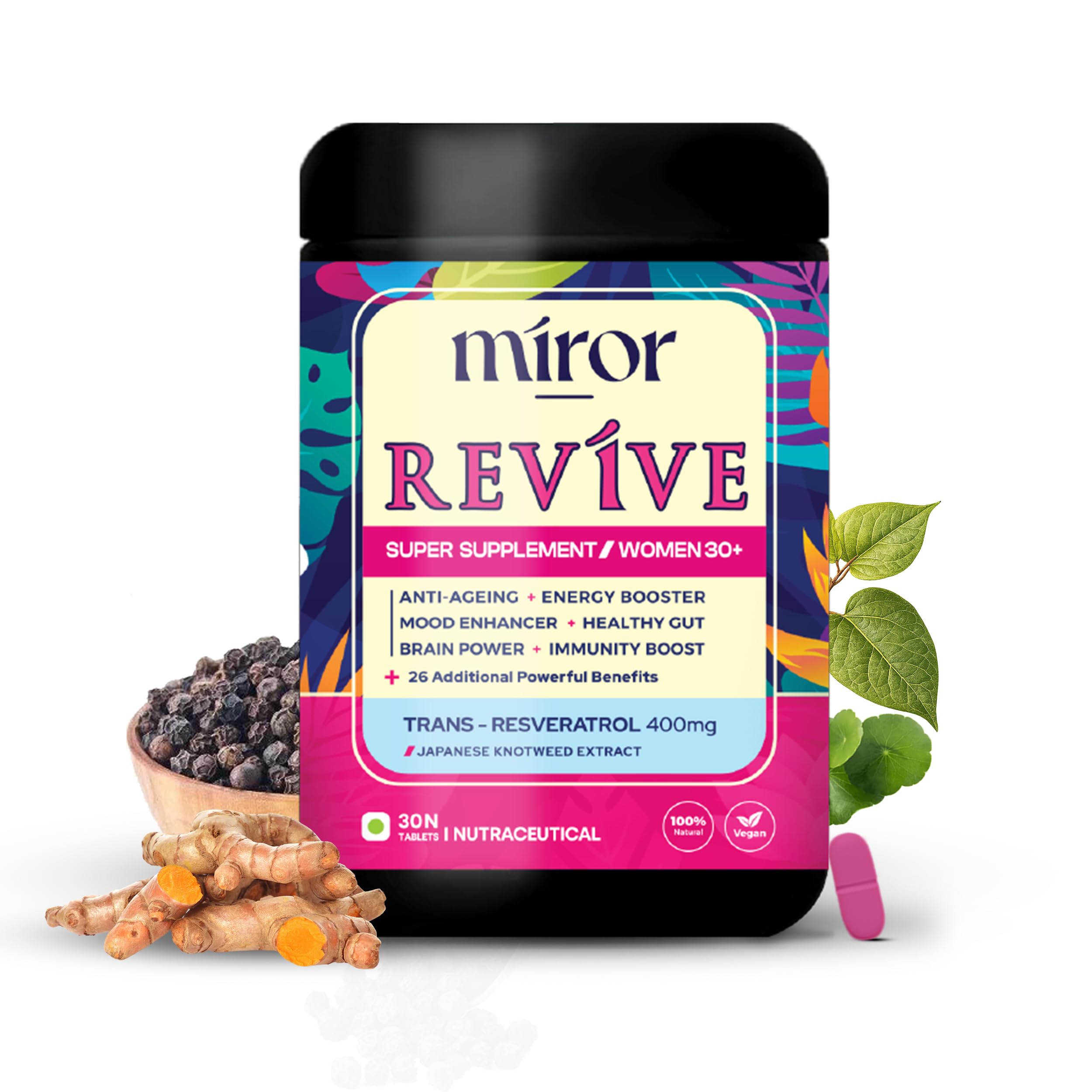 MIROR Revive Trans Resveratrol ++ (500 Mg), Multivitamins Supplement For Women, Japanese Knotweed, Anti Aging, Anti Inflammatory, Brain & Energy Booster and Skin Glow. Vegan Formula for women 30+-image-20