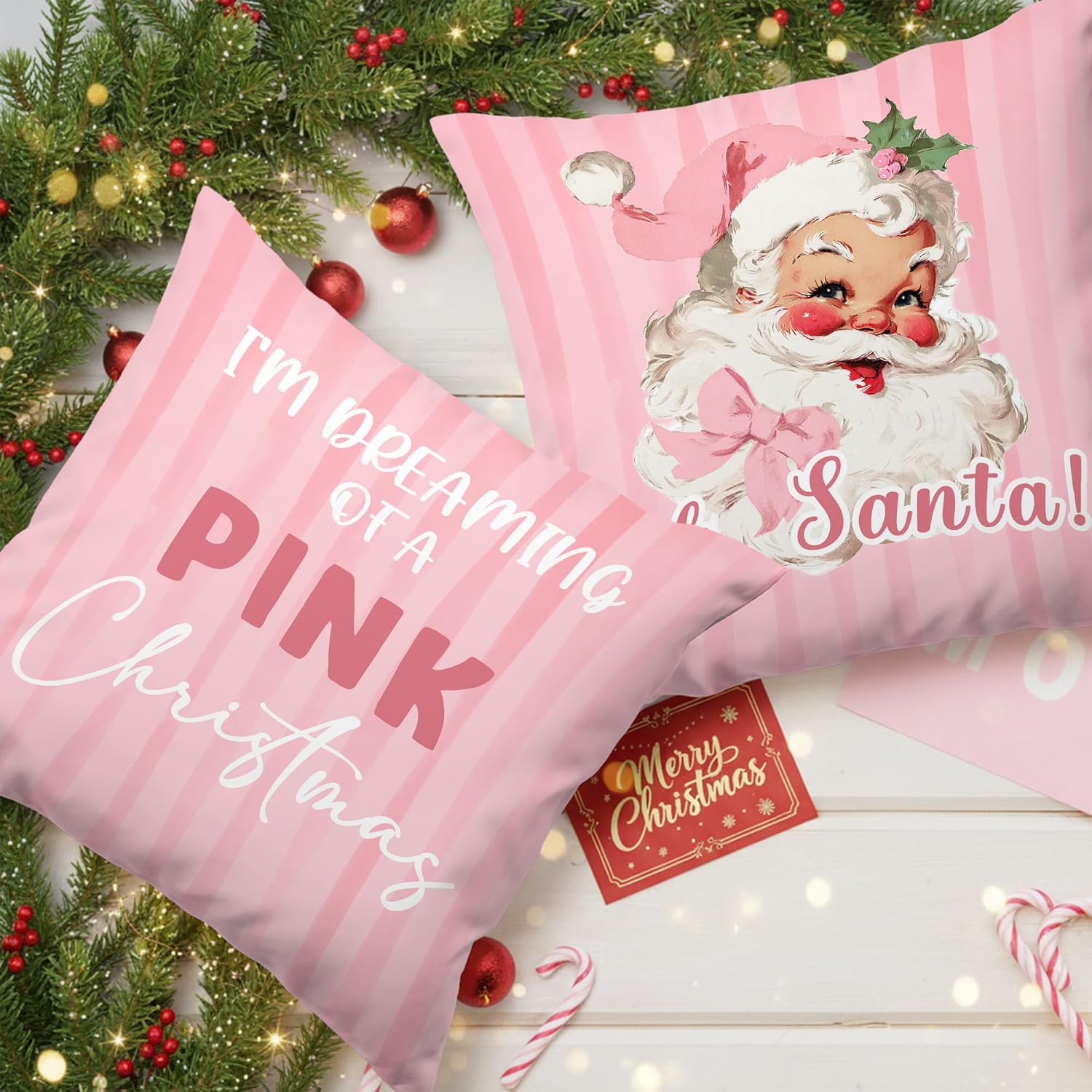 I'm Dreaming of A Pink Christmas Santa Decorative Throw Pillow Covers Set of 2, Trendy Coquette Bow Pillows Covers for Girly Room, Preppy Pillow Cases Decor for Couch Bedroom Winter 18x18in - Image 5