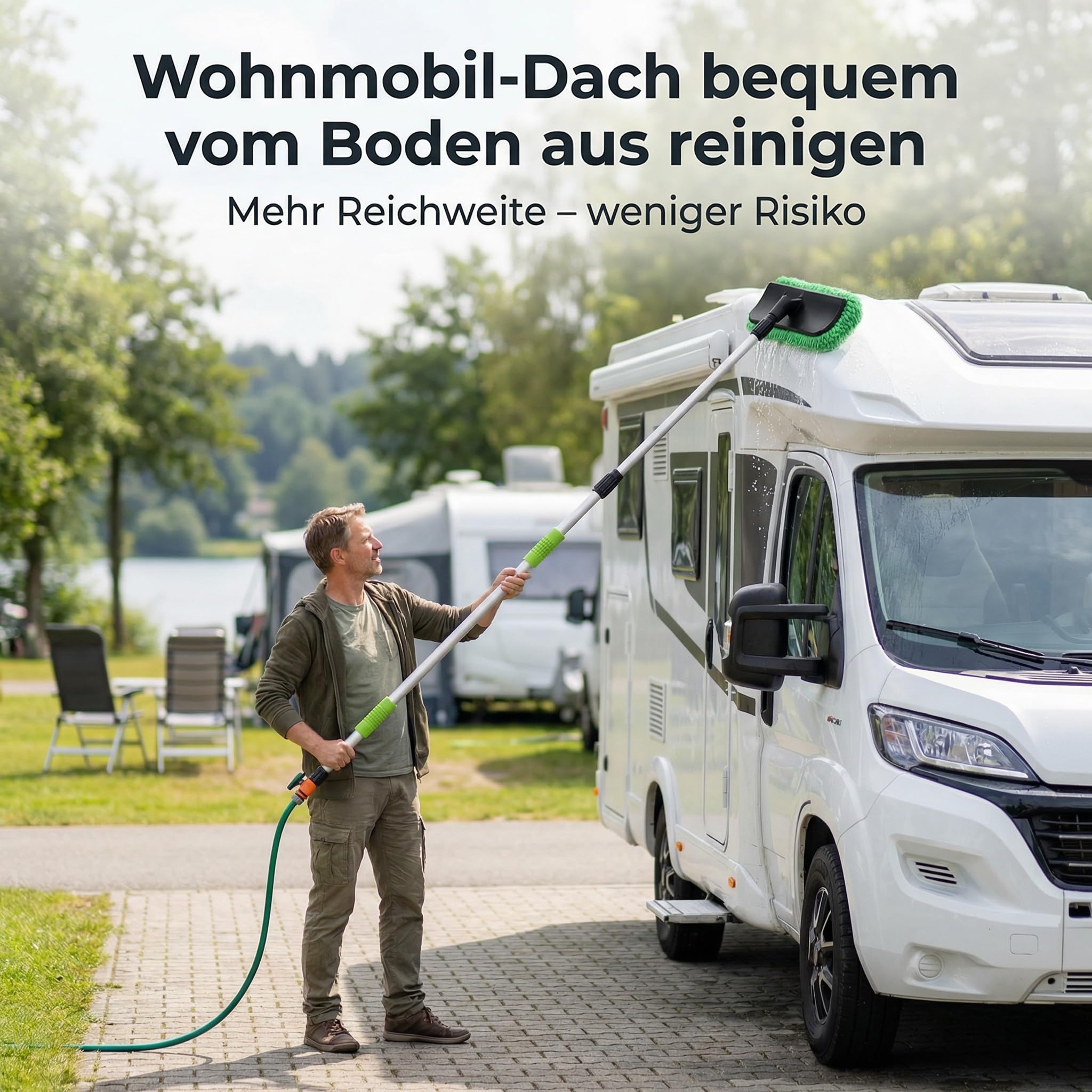Richter Chemie Teleskop-Waschbürste mit Wasseranschluss, 139–240 cm | Stufenlos verstellbar, Stop-Ventil, Weiche Borsten, Aluminiumstiel mit Softgriff, für Wohnmobil, Boot, LKW & Solarpanel