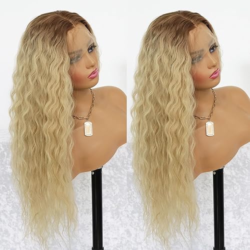 Miniatura 2 de Pelucas de encaje frontal de 13 x 4 rubio ombré con cabello de bebé, sin pegamento, peluca larga de onda de agua, rubio claro, peluca de encaje
