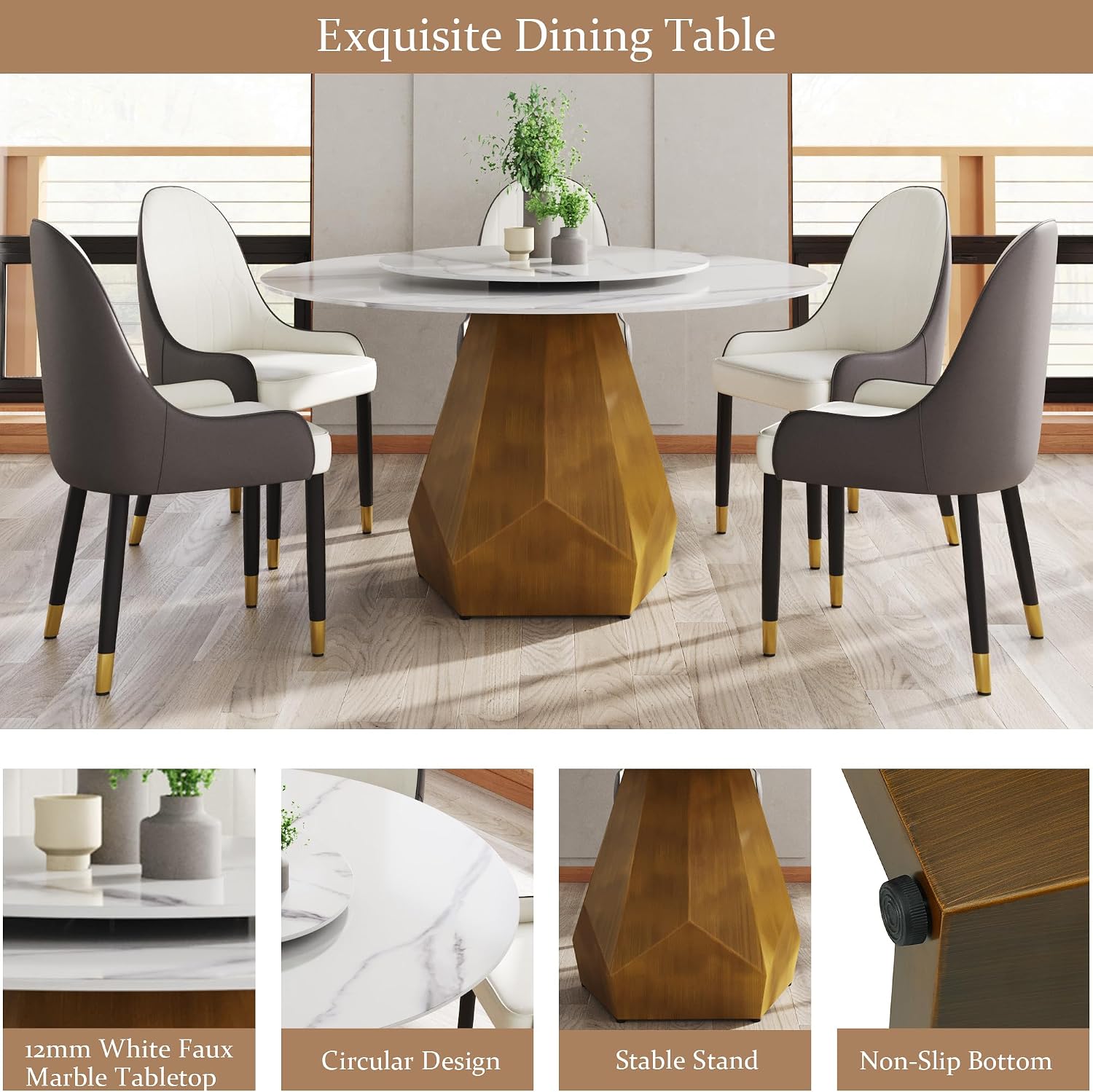 Leavader 7-Piece Dining Table Set - 53" Round Dining Tabletop with Rotating Tray, 1 Faux Marble Dining Table & 6 PU Leather Chairs, Morden Round Stone Dining Room Set for 4-6 (White & Golden)