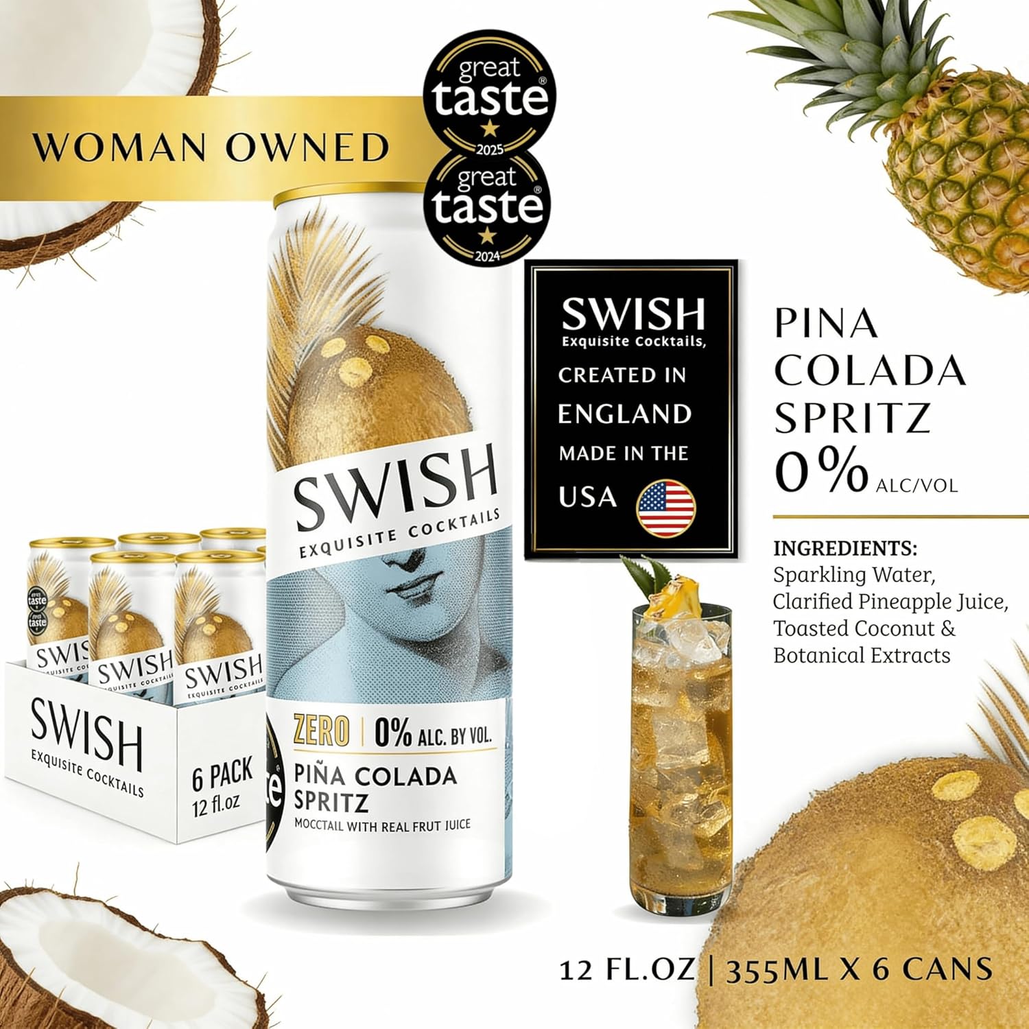 SWISH – 0.0% Alcohol-Free Mocktails - Pina Colada Spritz - No Artificial Ingredients, No Preservatives - Sparkling - Ready To Drink - 6 x 12 fl oz