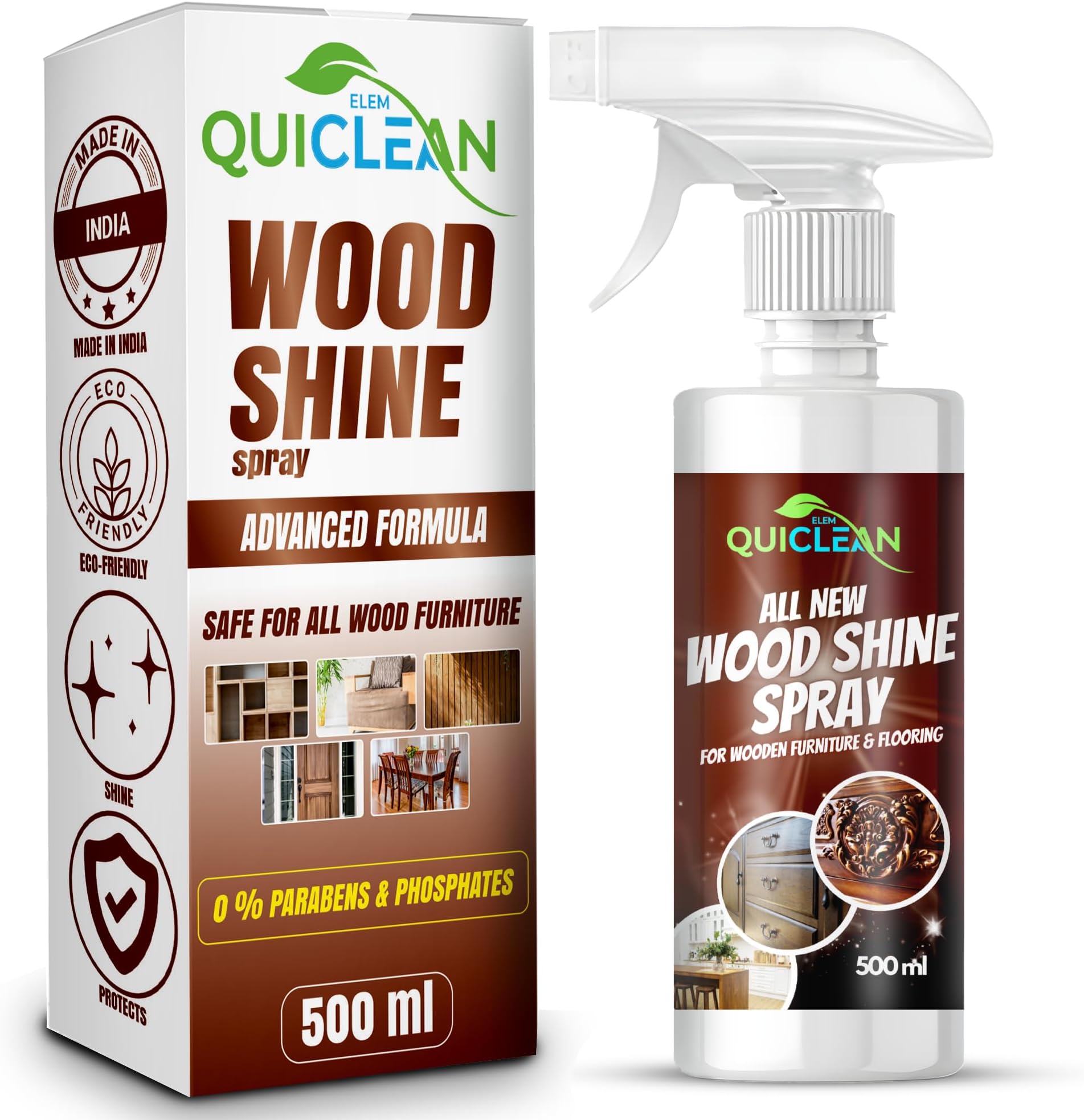 QUICLEAN Wood Polish Spray For Furniture For Home & Office | Revive The Lost Shine Of Wooden Surfaces, Furniture & Laminates | Glossy Non Sticky Shine, Leaves No Stains | 100% Safe For All Wood