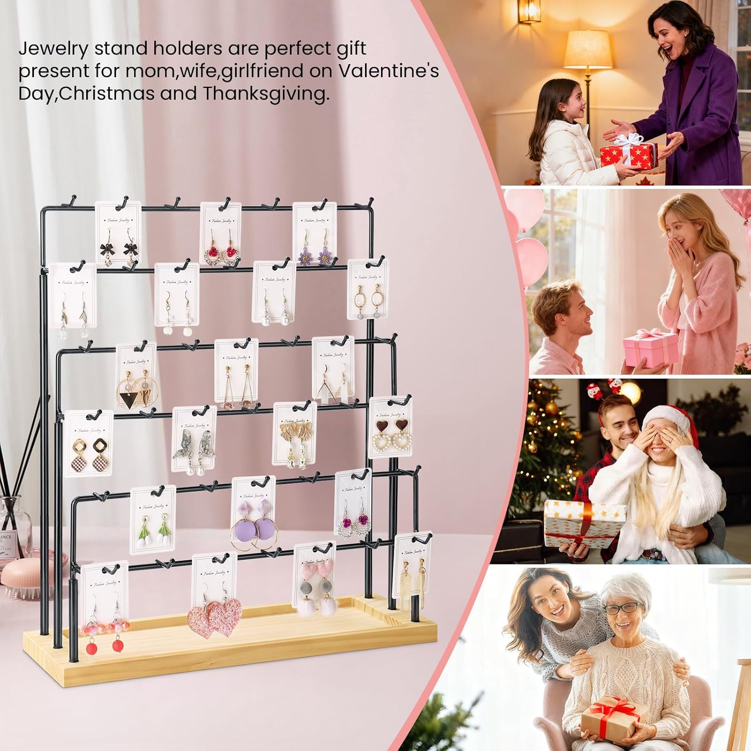 Earring Display for Vendors, 6 Tiers Earring Rack Display Holder Stand, Earring Organizer Holder, Jewelry Display for Selling Earings Cards, Necklaces Rings Bracelets, Keychains (Black)