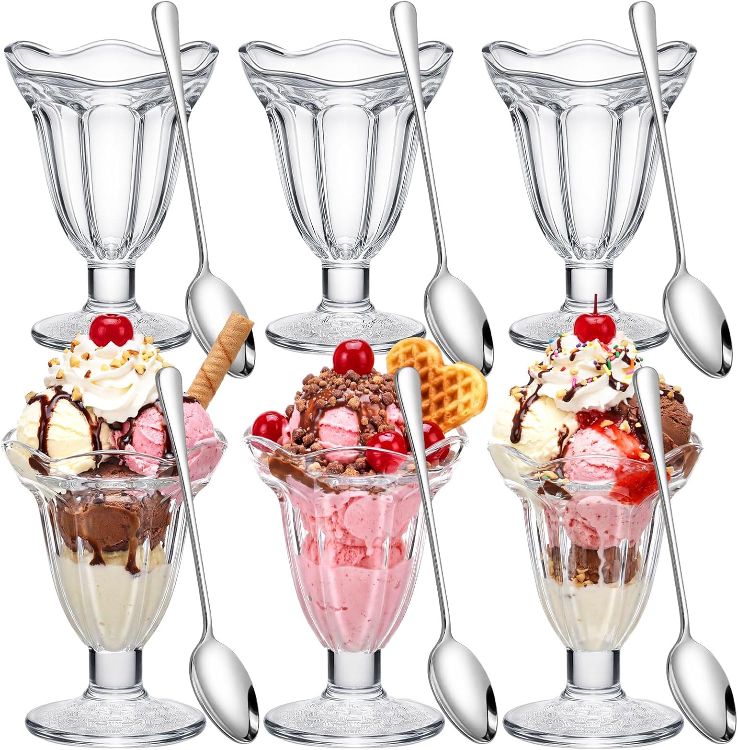 12 Pcs Glass Dessert Cups Set, 6.8 oz Clear Tulip Sundae Cups with Long Handle Spoons, Footed Parfait Trifle Glasses for Valentine's Dessert, Date Night Fruit Cocktail