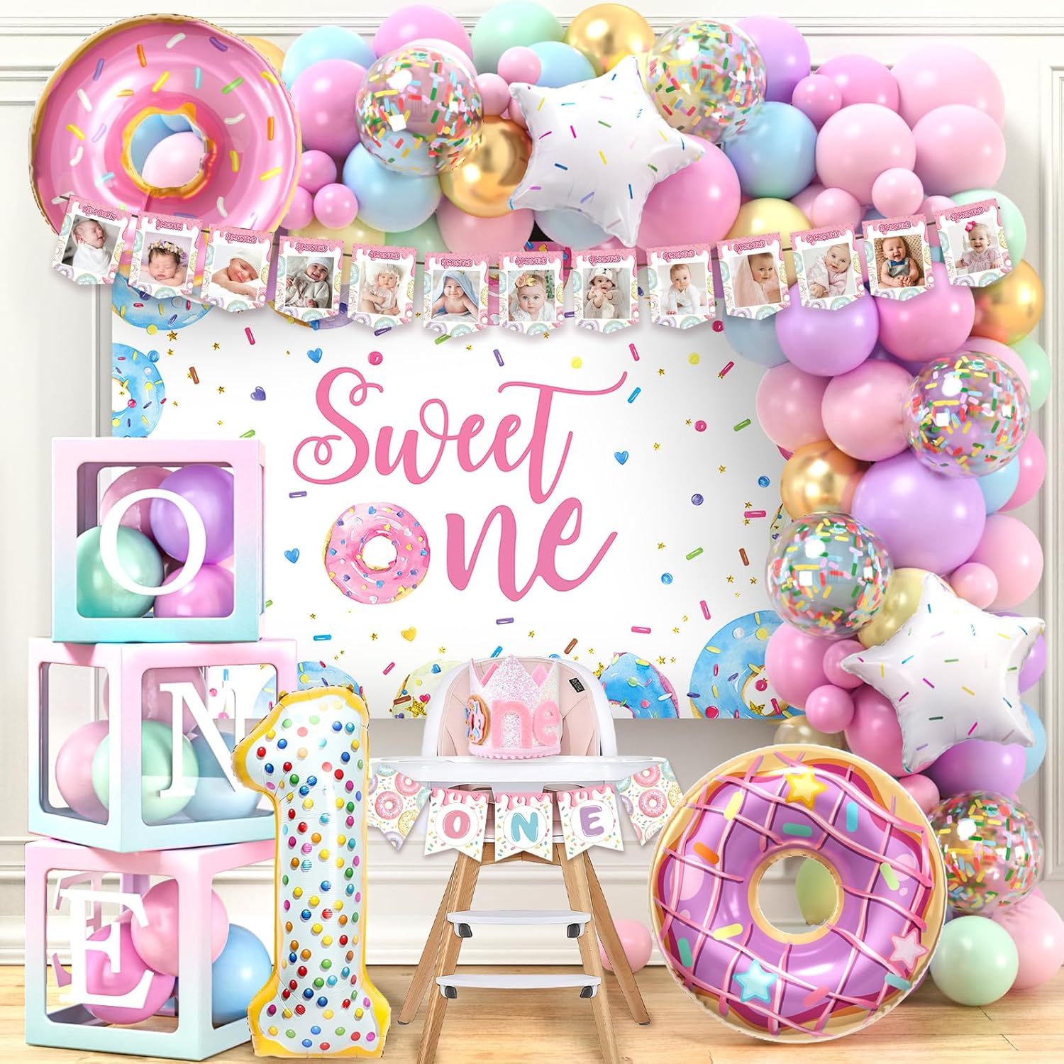 SNLN Two Sweet Birthday Party Decorations 2nd Birthday Supplies 'TWO' Boxes Donut Balloon Arch Backdrop Tablecloth Crown Foil Balloon Second 2 Year Old Birthdays Decorations for Girls
