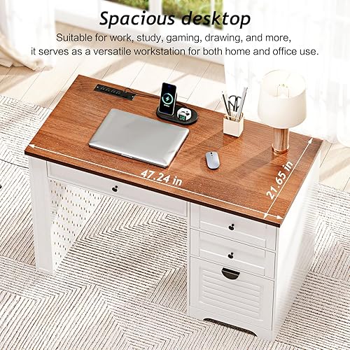 Miniatura 5 de Escritorios de oficina en casa de 47 pulgadas, escritorio ejecutivo, escritorio para computadora de granja con cajones y estación de carga, cajón de
