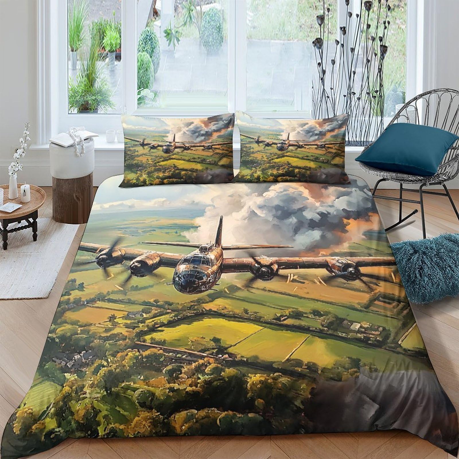 Ctjqhvkz Style-3 3D Printed Vintage Bomber Aircraft Fitted Sheet Microfiber Anti-Slip Sunset Landscape Bed Cover For Bedroom Dorm Decor Single（135X200cm）