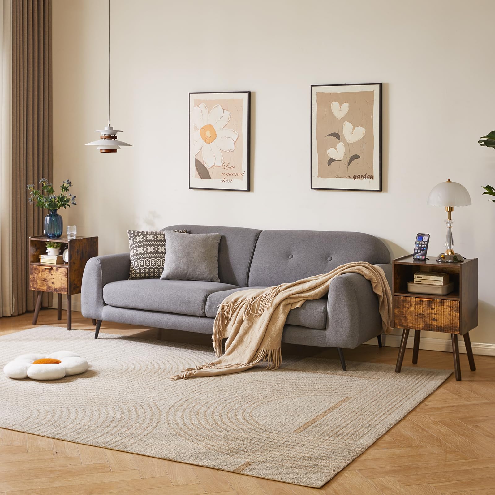 Aibiju Mesita de Noche Moderna con Cajón, Mesa Auxiliar Pequeña para Dormitorio, Mesita de Noche de Mediados de Siglo con Estante Abierto, Marrón Rústico YD-TM061H1