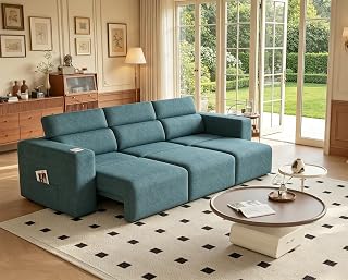 122” Electric Pull Out Sleeper Sofa Bed, 3-Seat Recliner Sofa Modular Couch with Bluetooth Stereo, Wireless Charging, Side Pocket, Power Recliner Couch for Living Room, Home Theater, Apartment(Blue)