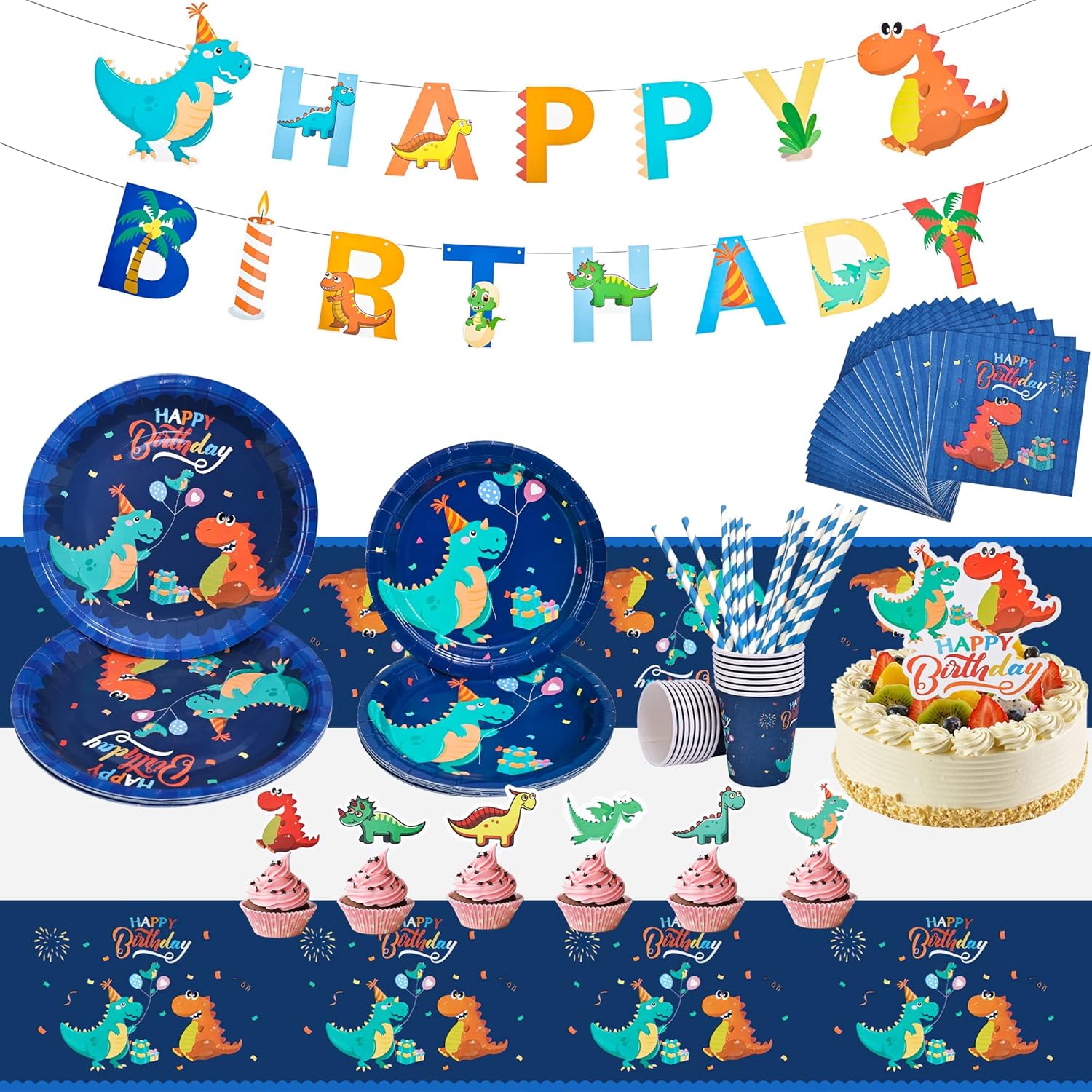 Set Stoviglie Compleanno Dinosauri - 82 Pezzi Con Tovaglia E Striscione - Foto 8