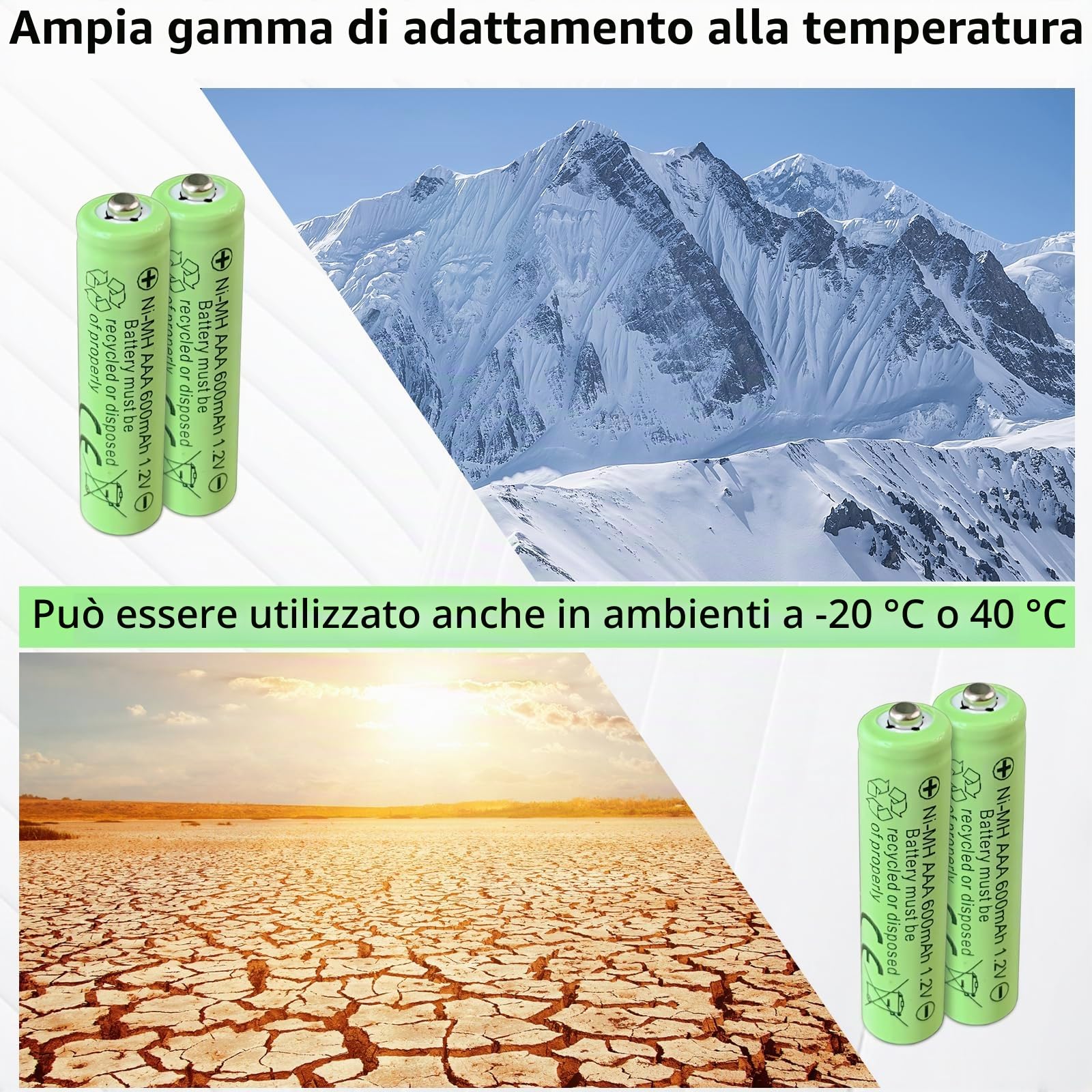 Batterie ricaricabili Ni-MH AAA, 1,2 V, capacità 600 mAh, ad alta capacità, adatte per più telecomandi/luci notturne solari, confezione da 8