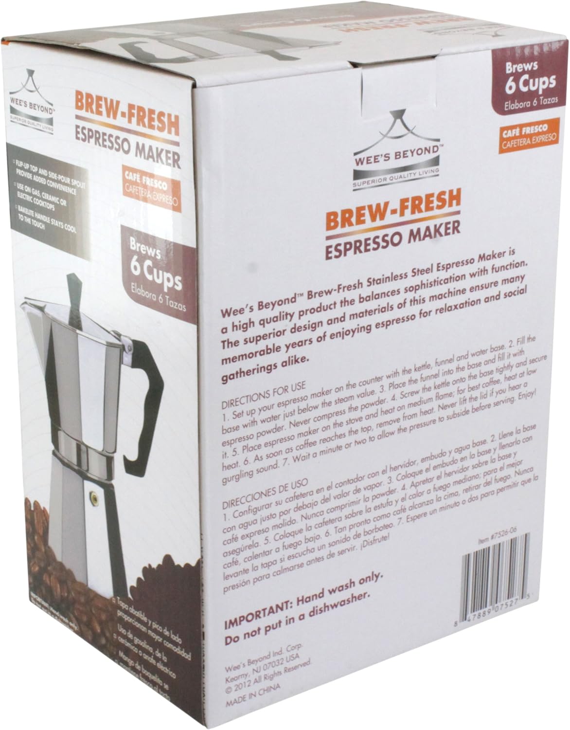 Wee's Beyond 7526-06 Brew-Fresh Aluminum Espresso Maker, 6 Cup, Silver