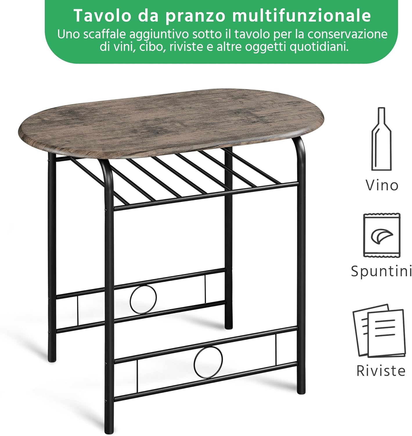 Image of the table with the under-table shelf holding wine bottles.