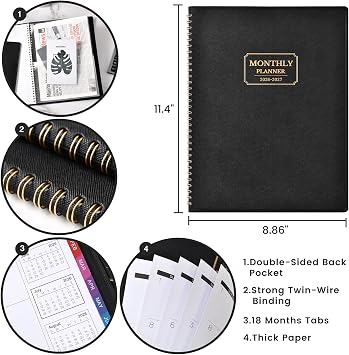 Monthly Planner 2026-2027 - Planner 2026-2027, Jul. 2026 - Dec.2027, 18 Monthly Planner with Colorful Tabs, 8.86 x 11.4, Saffiano Leather, Black Leather