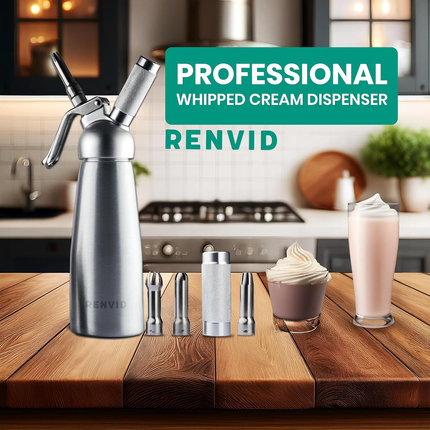 Professional Whipped Cream Dispenser–500mL Aluminium Whip Maker Canister with 2 Sets of Stainless Steel & Plastic Tips, Cleaning Brush & Mesh Storage Bag–Leak-Proof & Easy to Use for Homemade Desserts