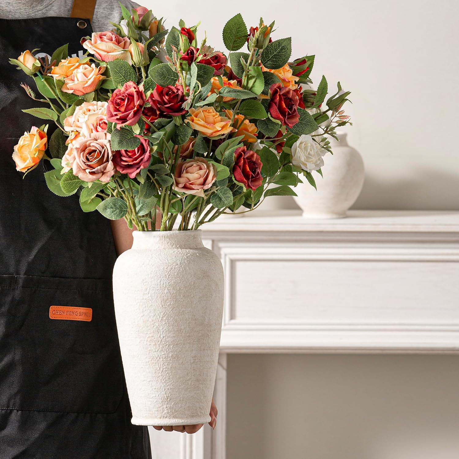 Ceramic Flower Vase, 11 Inch Large White Flower Vase Tall Rustic Farmhouse Decorative Vase Floral Pottery Vases for Home Decor Table Living Room Entryway Mantel Bedroom Bathroom Kitchen - White - Image 3