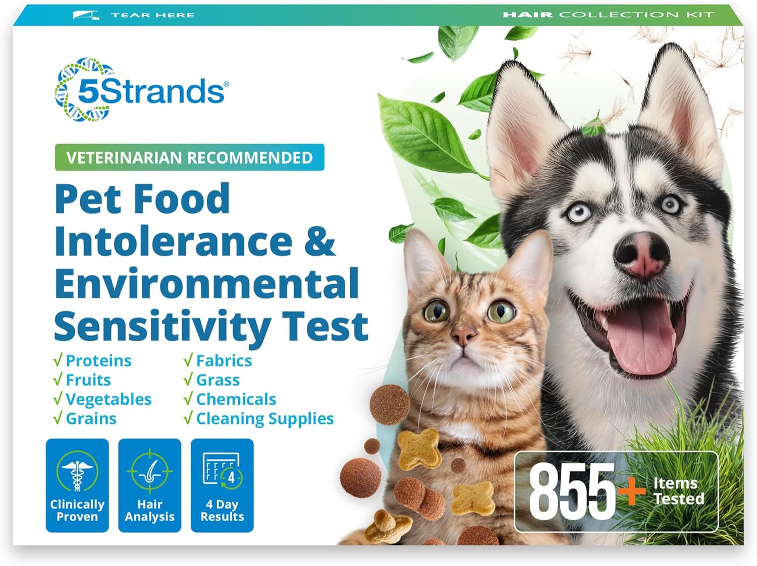 5Strands Pet Food Intolerance & Environmental Sensitivity Test, at Home Gut Health Test for Dogs & Cats, 857 Items Tested, Pet Health Check, Results in 4 Days, for All Ages and Breeds