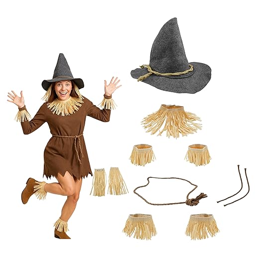 14.) Adult Gray Sexy Scarecrow Felt Hat Faux Straw Kit Halloween Costume Accessory Set