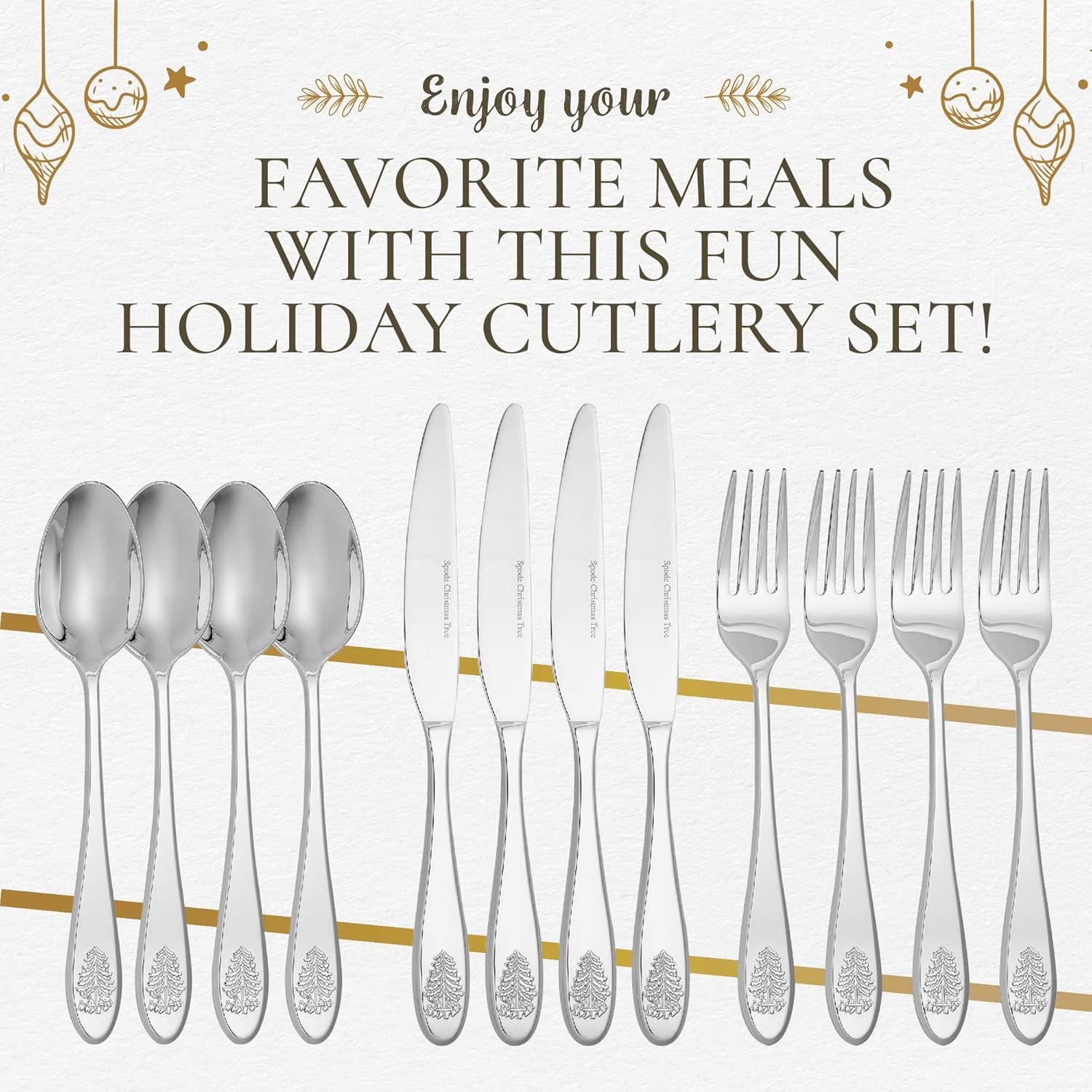 Spode Christmas Tree Collection 20-Piece Stainless Steel Flatware Set - Holiday Cutlery Set - Dishwasher Safe Silverware - 4 Dinner Forks, Salad Forks, Dinner Knives, Tablespoons, Teaspoons
